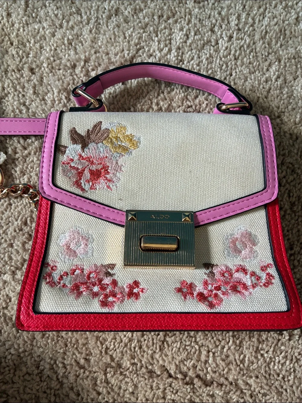 Aldo Cream Floral Top-Handle Satchel with Pink and Red Trim